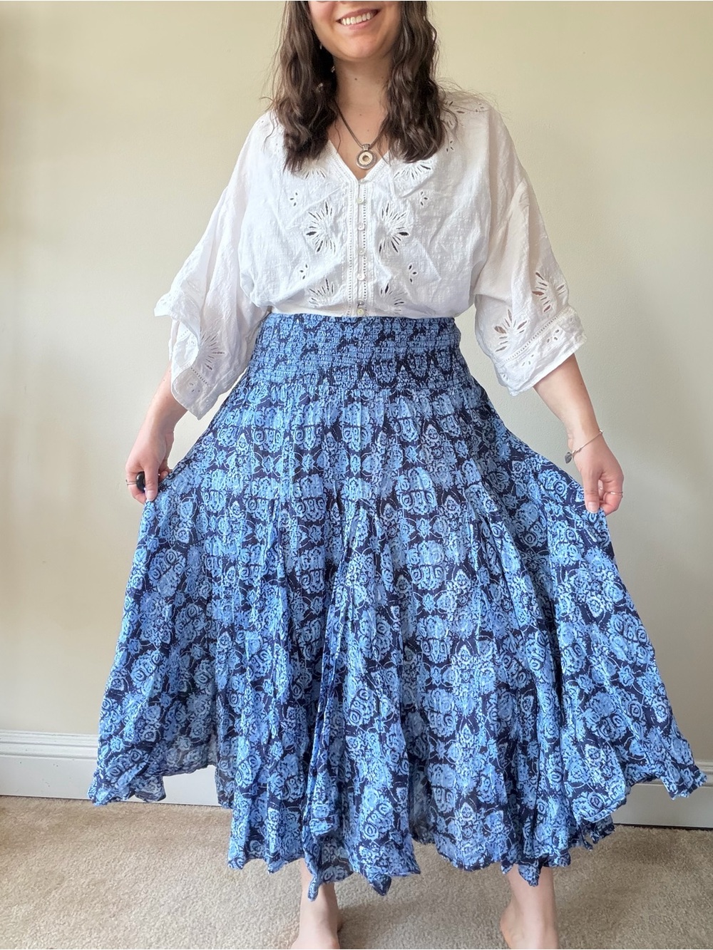 Chelsea & Theodore Blue Patterned Smocked Waist Midi Skirt